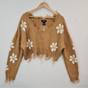 Cropped Slouchy V Neck Sweater Distressed Daisy‎ Fringed Festival Beachy
